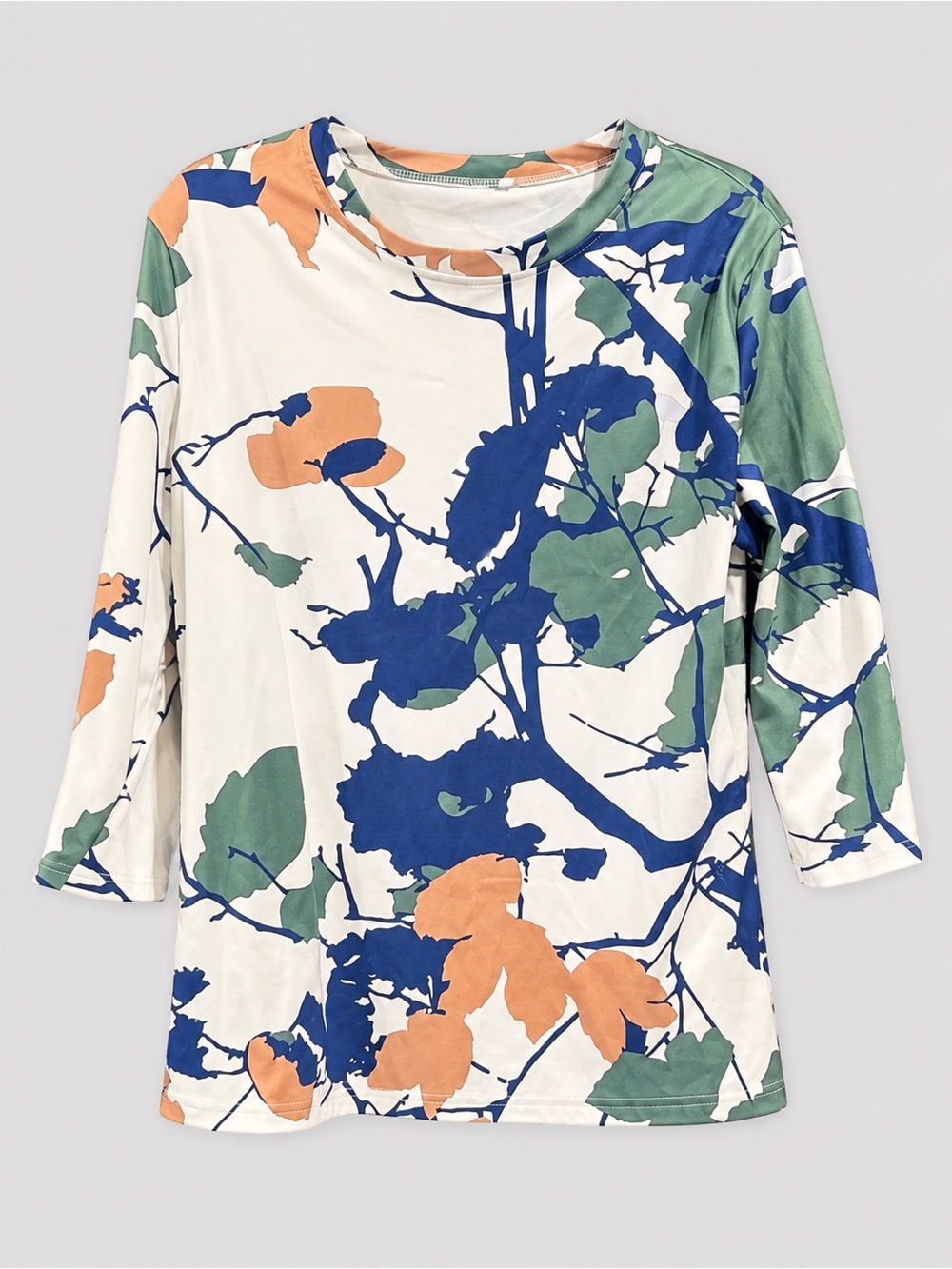 Abstract Floral Stretch Top XL Blue Green Orange Boutique Blouse
